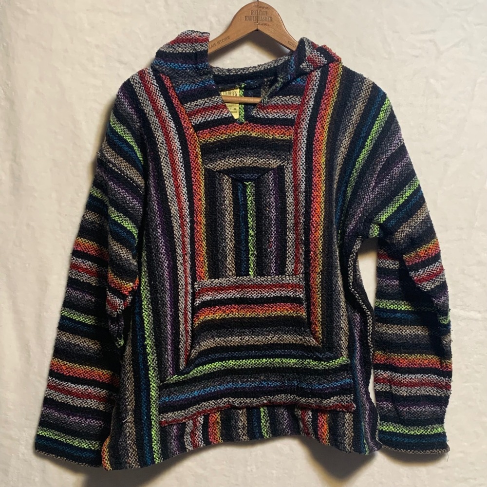 Vintage Frank's Textiles Mexican Baja‎ Hoodie Black Multi Color Striped Adult L